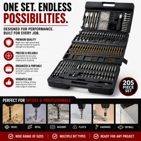Lumberjack Drill Bit Set 205 Piece HSS Masonry Metal Wood Flat Pozi Bits & Case