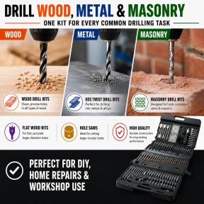Lumberjack Drill Bit Set 205 Piece HSS Masonry Metal Wood Flat Pozi Bits & Case
