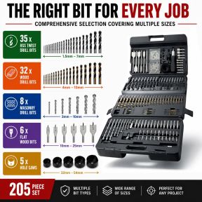 Lumberjack Drill Bit Set 205 Piece HSS Masonry Metal Wood Flat Pozi Bits & Case