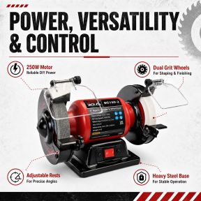Lumberjack 6 Inch Bench Grinder 150mm, 250W Motor, Coarse & Fine Whitestone Wheels, Tool Rests & Eye Shields