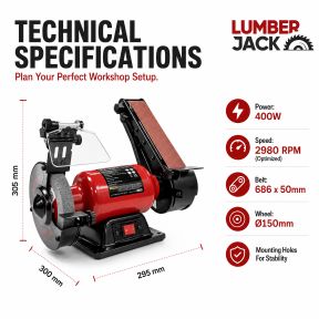 Lumberjack 150mm Bench Grinder with 50mm Belt Sander & LED Work Light