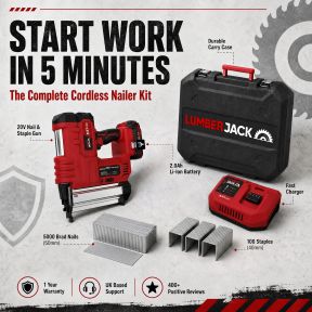 Lumberjack Cordless 20V XPSERIES Nail & Staple Gun Kit Fast Charger and 2Ah Battery with Case