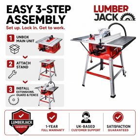 Lumberjack Powerful 1800W Table Saw 254mm with Side Extensions & 10