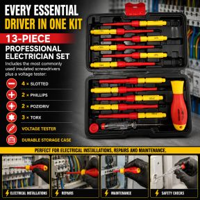 Lumberjack 13 Piece VDE Insulated Electrician Screwdriver Set, 1000V Rated Magnetic Tips Chrome Vanadium Steel, Includes Voltage Tester & Carry Case