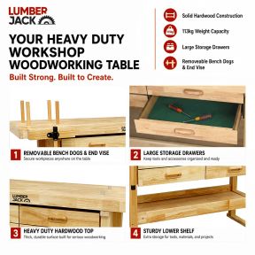 Lumberjack Heavy Duty Solid Wooden Woodworking Work Bench 4 Drawers & Vice