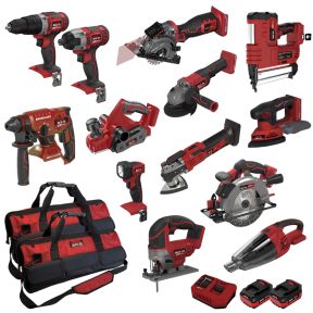 Lumberjack Cordless 20V 18 Piece Power Tool Kit, Drills, JigSaw, Circular Saw, Nail Gun, Planer, 4ah Batteries & More