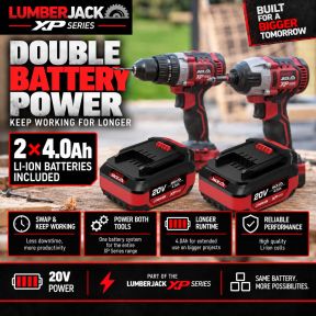 Lumberjack Cordless 20V XPSERIES Twin Kit Hammer Drill & Impact Driver Drill 4A Batteries