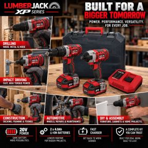 Lumberjack Cordless 20V XPSERIES Twin Kit Hammer Drill & Impact Driver Drill 4A Batteries