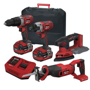 Lumberjack Cordless 20V Combi Drill Impact Driver Drill Detail Sander & Recip Reciprocating Saw with 4A Batteries & Fast Charger