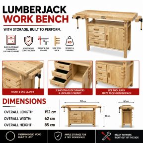 Lumberjack Woodworking Bench with 3 Drawers On-board Cabinet and 2 Vices